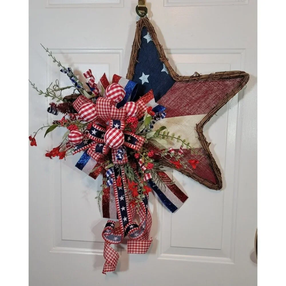 Stars / Stripes Wreath, Red White Blue Burlap Star 4th July Wreath, Hand Crafted